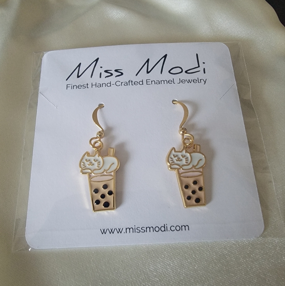 Miss Modi 24K Gold Plated Handcrafted Boba Kitty Enamel Drop Earrings